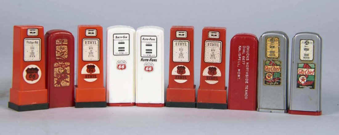 Lot Of 10 Automotive Salt & Pepper Shakers: Some are marked with gas station names -Texaco, Phillips 66, Hank's 66 of Chelan, Ed's Super Service of Hingham, Smith Brothers of Columbia Falls, c. 1950's Condition Fair - Very Good Size Largest 2 3