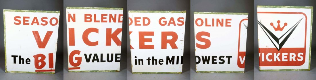 Vickers Gasoline Large 5-Piece Tin Sign: On wood framing, Red lettering on white background featuring logo, "Season Blended Gasoline - The Big Value In The Midwest" Condition Good Size 20' x 4' 11"