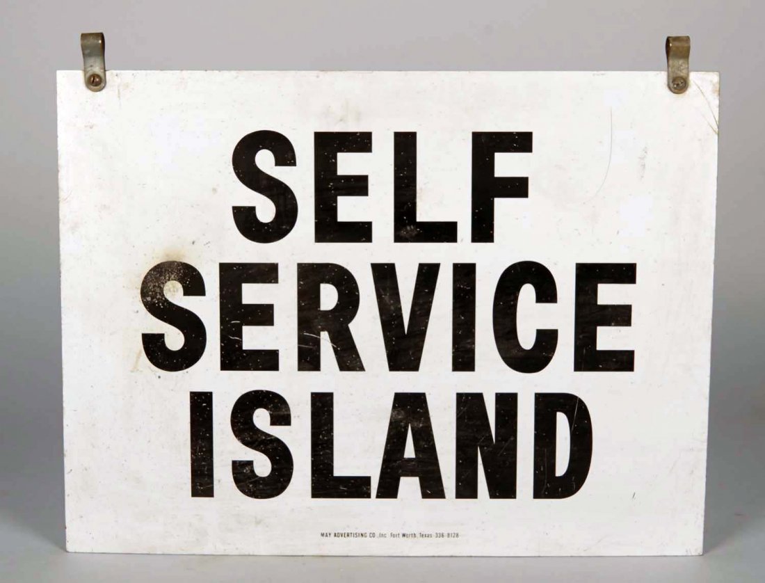 Lot Of 3 Metal Gasoline Service Station Items: Including 1- Orange embossed panel from a Husky gas pump, 1 - Double-sided Government Credit Cards Accepted here sign (converted to flange by bending), and 1 - Double-sided Self Serve Island sign, c 1