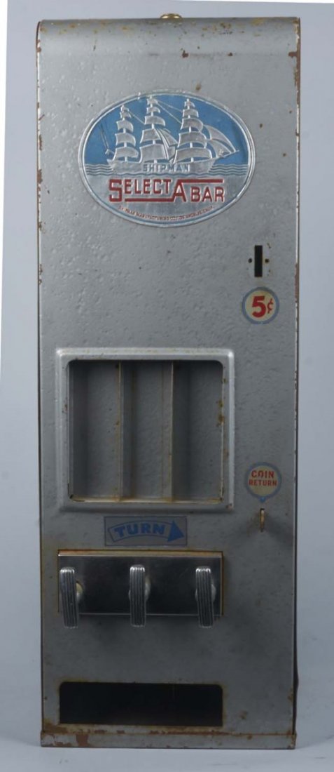 5 ¢ Shipman Select-A-Bar Vending Machine: 3-Selection wall mount machine w/ "5 Cent" & "Coin Return" decals c1950s, Has large Shipman badge Condition Very Good Size 9" x 9" x 25.5"