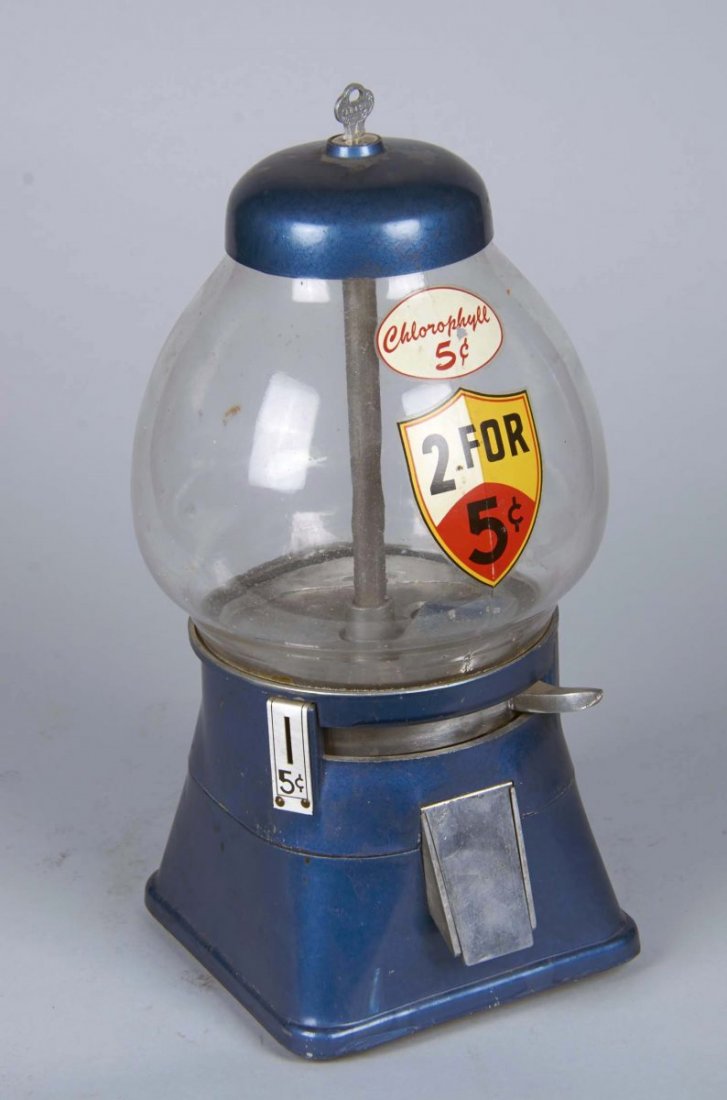 5 Cent Blue Regal Countertop Vending Machine: Blue top and base, glass teardrop globe, circa 1940s by Regal Products Co., includes key. Condition (Very good). Size 14" T.