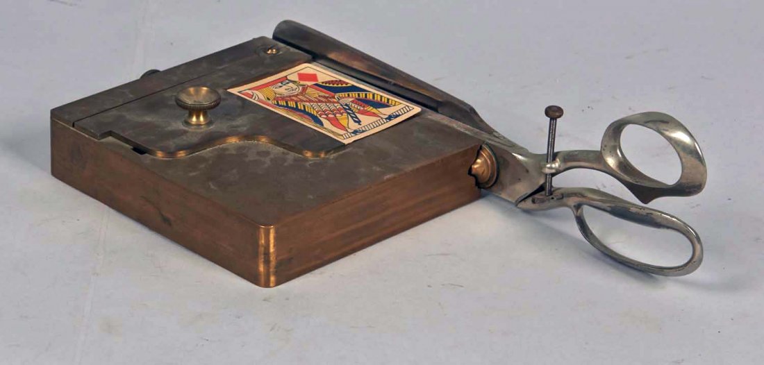 Early Brass Will & Finck S.F. Cal. Card Trimmer: Playing card scissors w/ multiple adjustments Condition Good Size 6.5" x 13"
