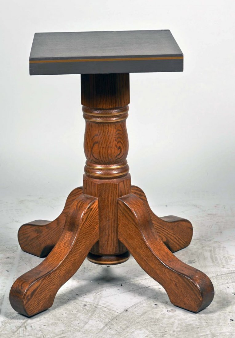 Carved Wood Pedestal Slot Machine Stand: 4 curved legs & column w/ painted top & gold striping - top 17" x 17", base 23" x 23" Condition Excellent Size 30" tall