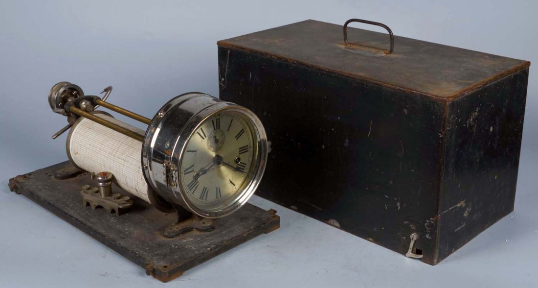 W. & L.E. Gurley Portable Water Level Recorder: Model No. 1595 with metal cover and handle housing Seth Thomas clock and paper graph on cylinder, Pat. 1914. Condition (Good). Size 9" x 17" x 9.5"