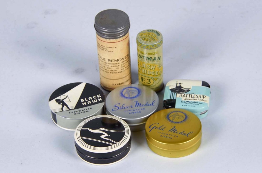 Lot of 7: Tin Products: Includes two small tin cylinder containers with lids and products: Colt's Mole Remover (with label) from Bakersfield, California; inside tin is a small glass bottle with stopper, decal, and liquid ins