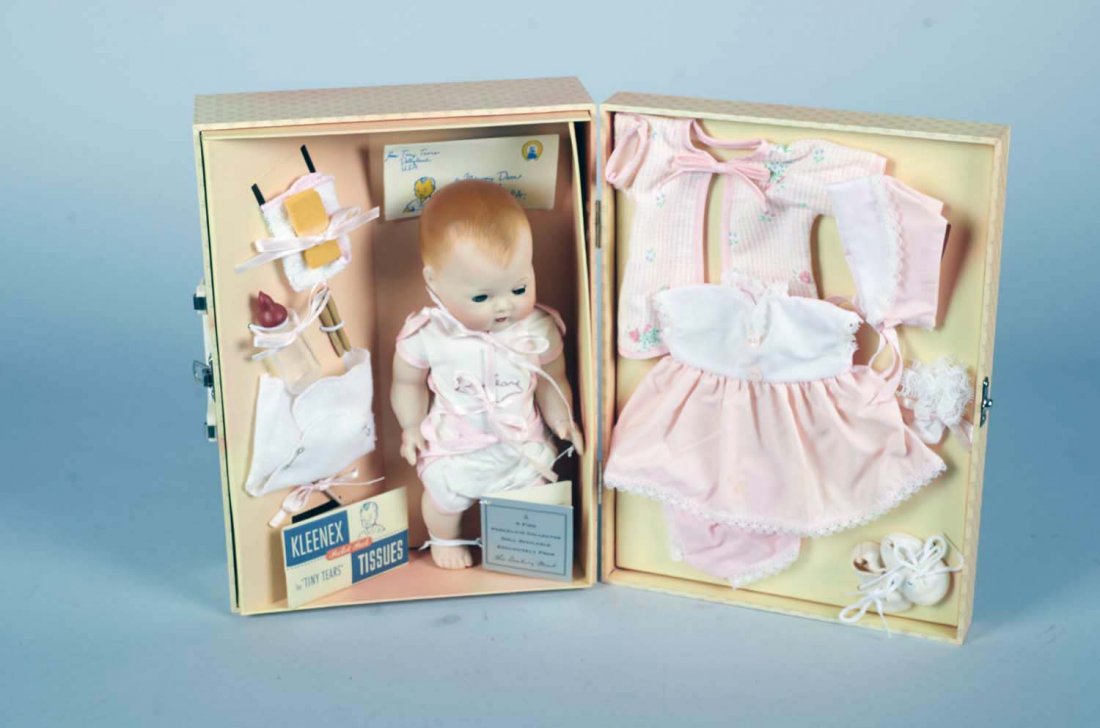 Lot Of 2 Dolls: Including 1 - Patti Playpal G-35 doll by Ideal Novelty & Toy Co. c1960s, dark blonde hair in barrette w/blue "sleepy" eyes, small markings on left arm, original (36" T) & 1 - Tiny Tears doll from Danb