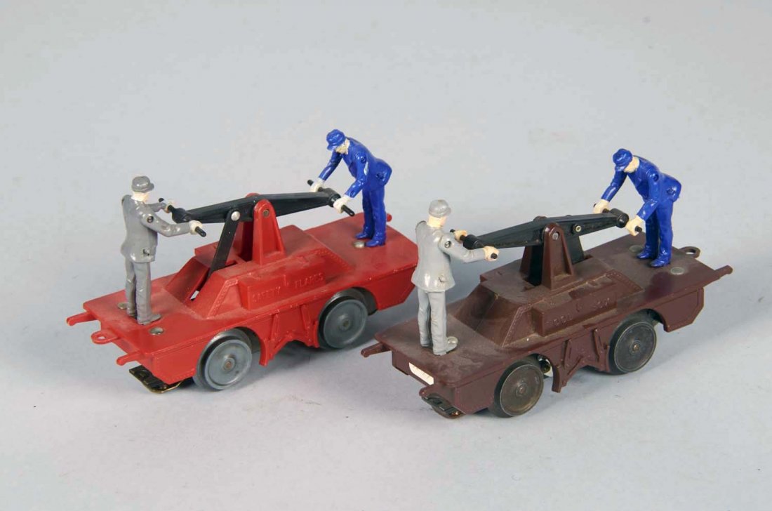 Plastic Marx 2002 Hand Car Circa 1956: Red with one grey manikin and one blue manikin. Has tool box and safety flares side stamps. Condition (Very good). Size 6" L.