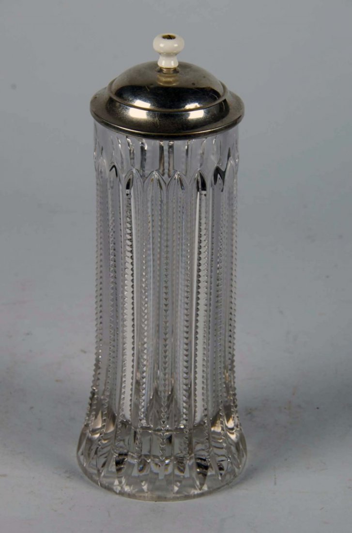 Cut Glass Straw Dispenser With Lid: Circa 1940s Condition (Excellent). Size 11-1/2" x 5-1/2"