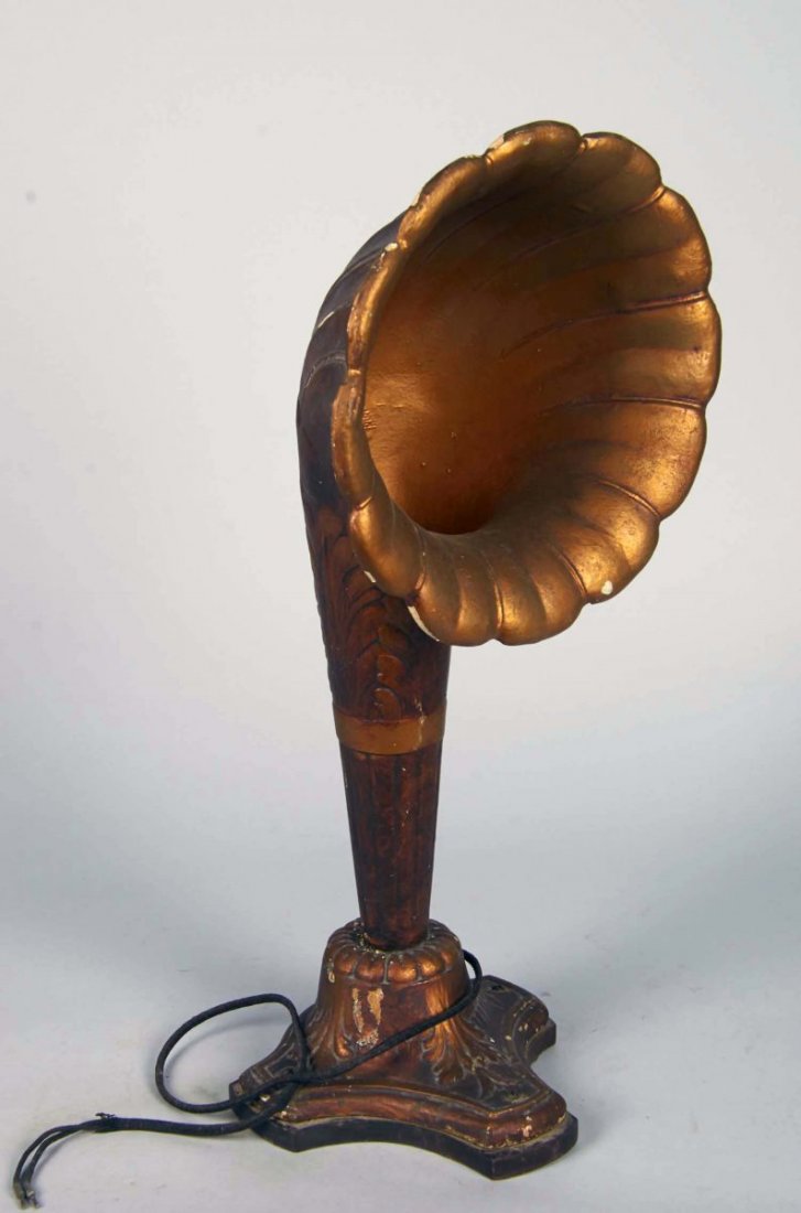 Gold Painted Wood Art Nouveau Style Horn Speaker: Floral and shell design, unknown maker. Condition (Very good). Size 21.5" x 10"