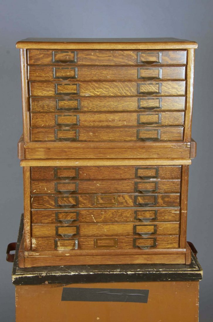 Lot Of 2: Six-Drawer Spool Cabinets: Each spool cabinets has six drawers with two placard holders on each drawer. Condition (Very good). Size 22" x 14" x 18"