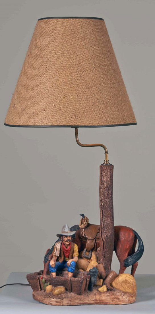 Cowboy & Horse Resting At Water Trough Lamp: Sculptural tabletop Lamp w/ Burlap Lamp Shade, Apsit Bros. Of California c1984 Condition Very Good Size 15" x 12" x 36" with shade