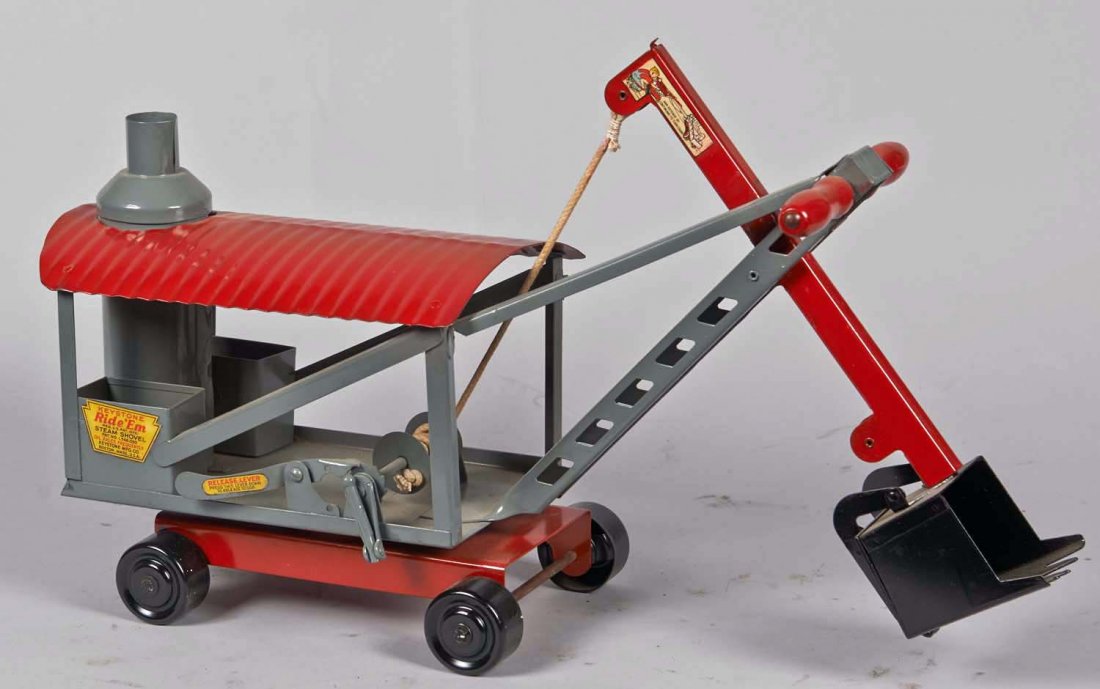 Keystone Pressed Steel Ride 'Em Steam Shovel: Restored in red and grey with instruction stickers. Pat. no. 1566030 Keystone Mfg. Co. Boston, Mass. U.S.A. Condition (Restored). Size 21" L.