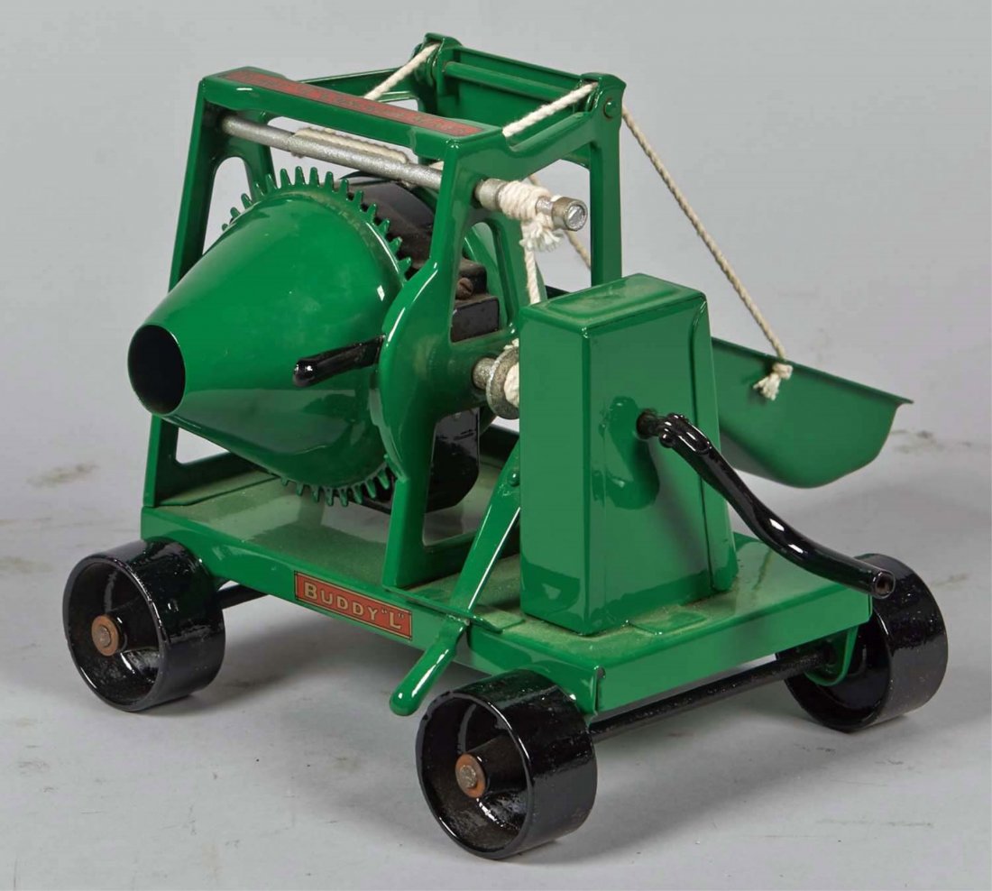 Buddy "L" Pressed Steel Concrete Mixer: Restored in green and black with red and gold decals. Including one reading Quality Toys by Moline Pressed Steel Co., East Moline, ILL. Condition (Restored). Size 8-1/2" x 9" x 7"