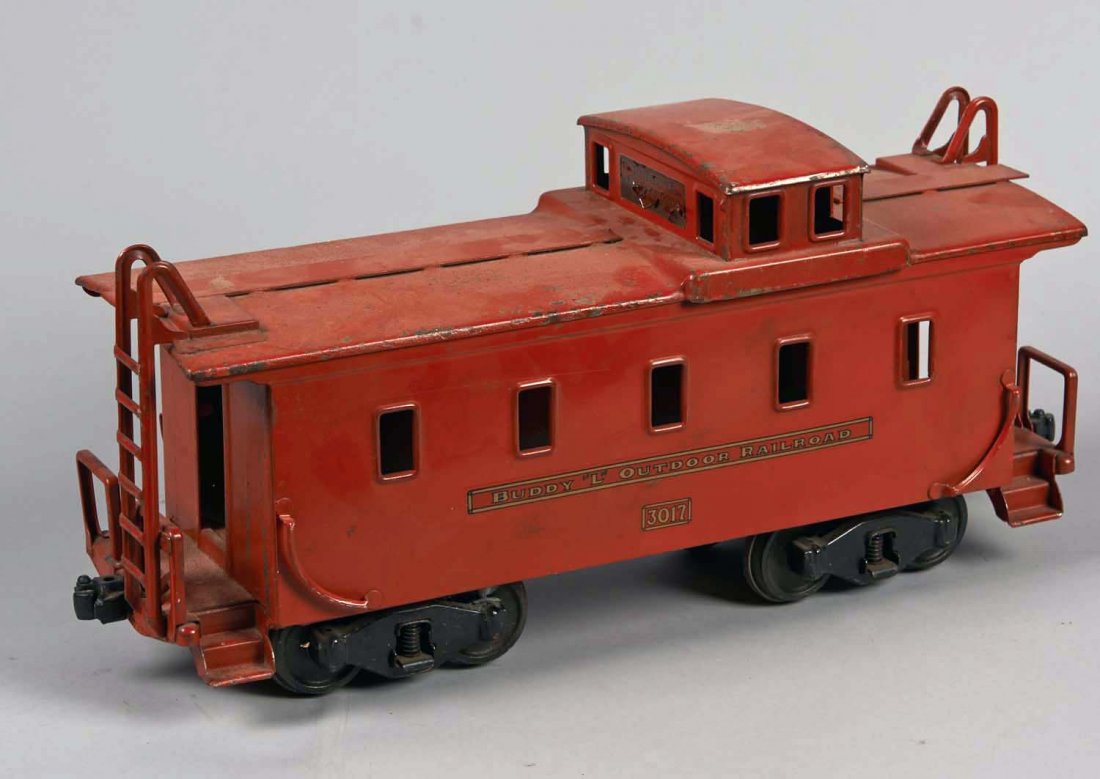 Pressed Steel Buddy L Outdoor Railroad Train Car: No. 3014 in original condition. Red with some damage to paint and stickers. Condition (Very Good). Size 17-1/2" L.