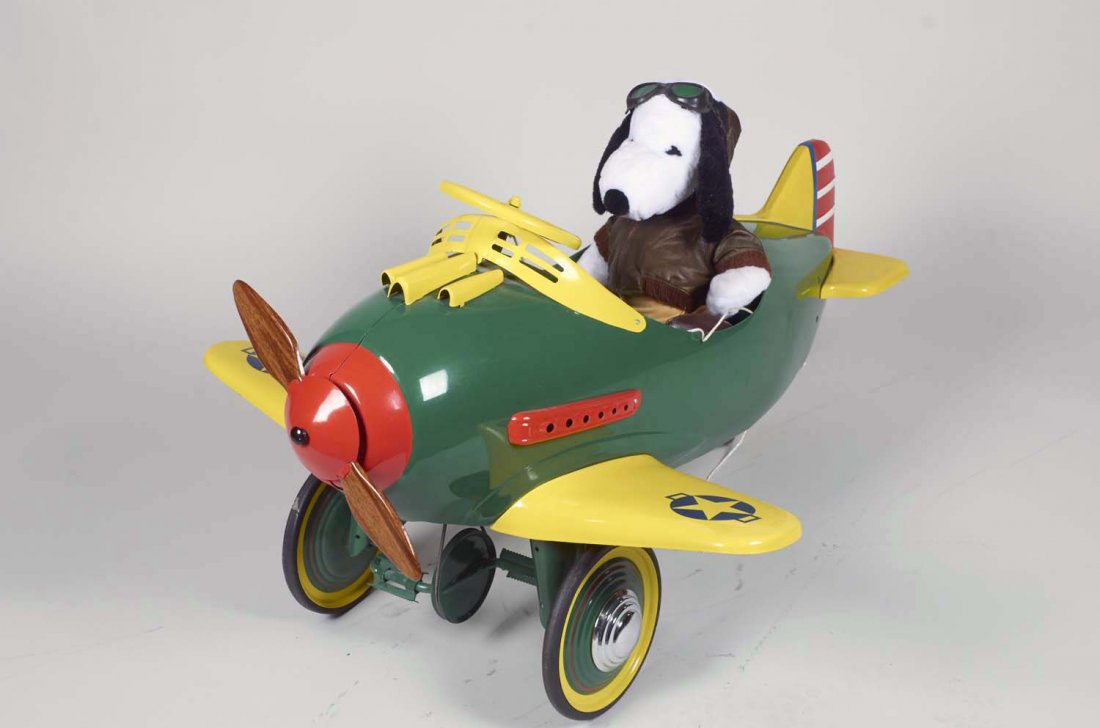 Murray Super Deluxe Mercury Pedal Car Airplane: Restored airplane in green, red and white with wood grain metal propeller and air force decals on wings with World War flying ace Snoopy with goggles. Circa 1949-1950. Condition (Restored). Size 24" x