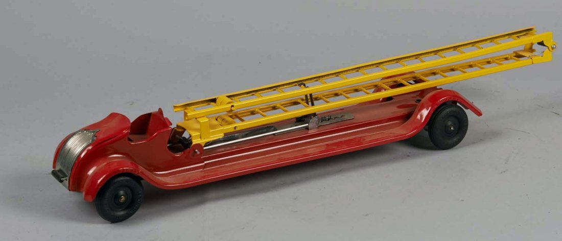 Pressed Steel Kingsbury Ladder Truck: Red with yellow ladders and four Keystone tires. Condition (Excellent). Size 23" L. (Ladder laying flat).