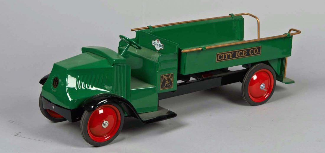 Pressed Steel Steelcraft City Ice Co. Mack Truck: Restored in green with red wheels and rubber tires by Murray Ohio Mfg. Co. Condition (Restored). Size 24" L.