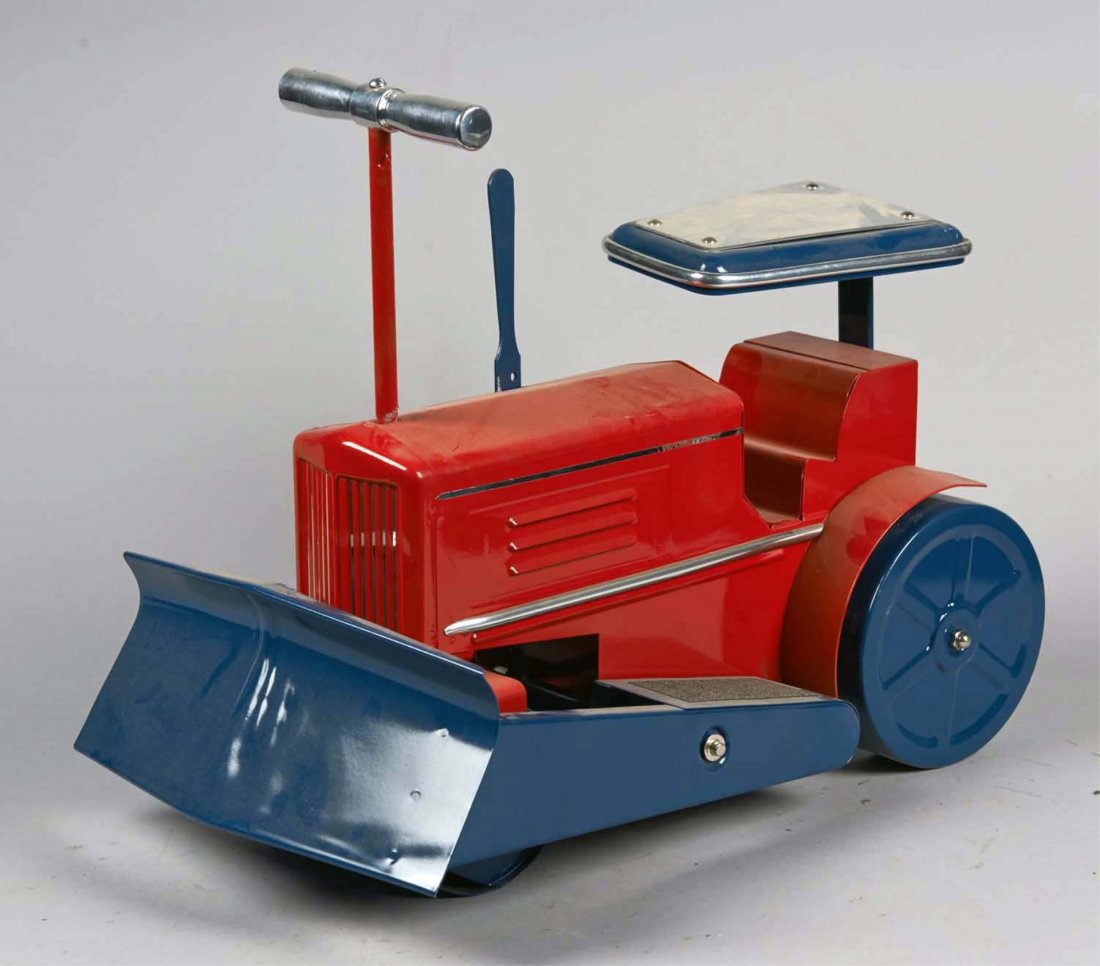 Pressed Steel Tru-Matic Steam Roller Riding Toy: Has front bulldozer. Restored in blue and red with chrome seat and steering handle. Has slight wear to front wheel. Condition (Restored). Size 20" x 12" x 16"