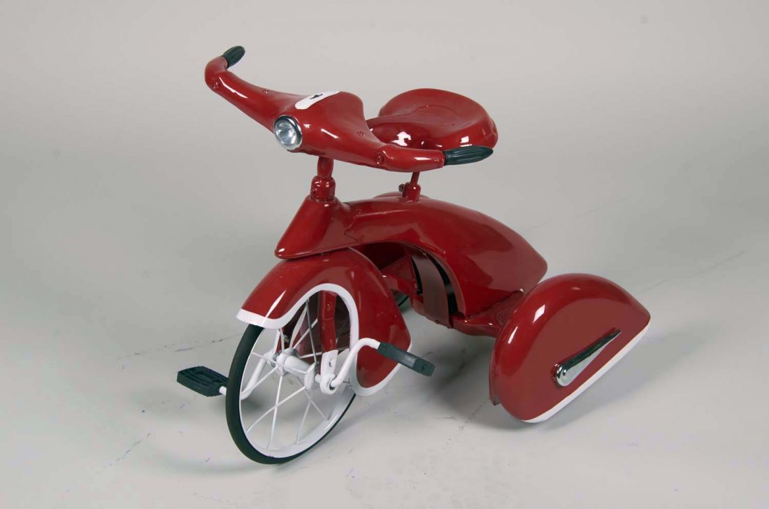Authentic Red Art Deco Sky King Tricycle: Restored original Sky King tricycle in red with white accents, circa 1930's. Condition (Restored). Size 23" tall