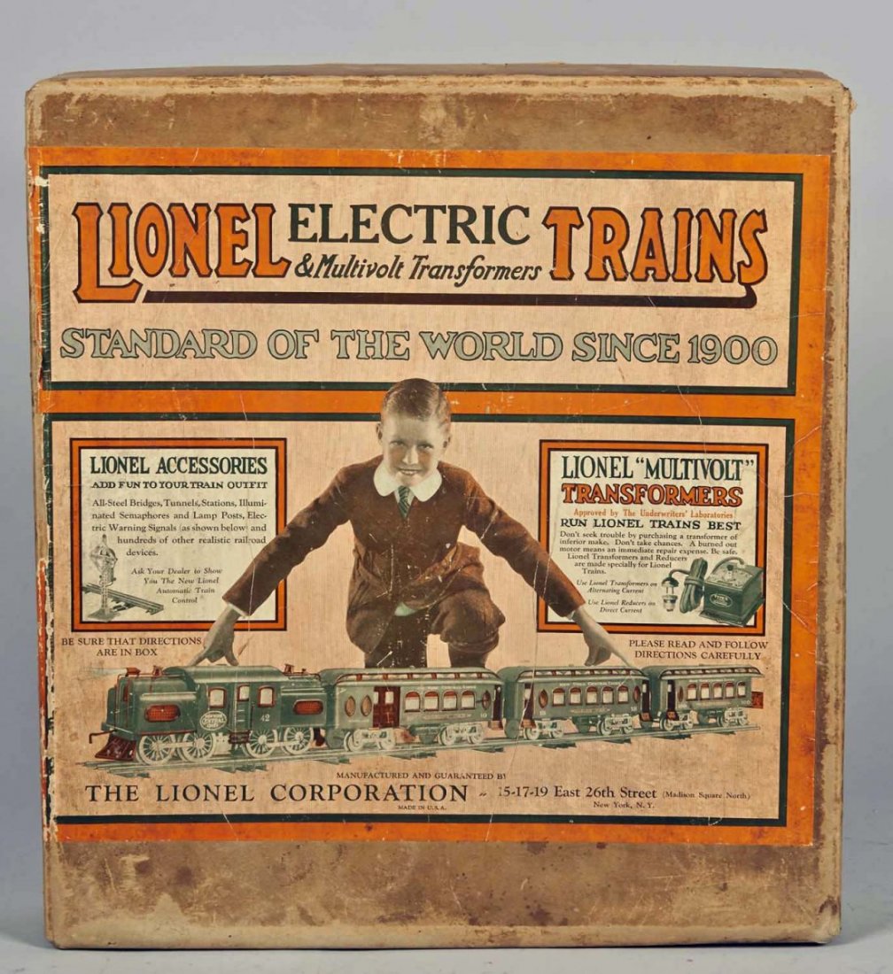 Lionel Electric Train & Multi Volt Transformer.: This transformer box is for a standard gauge track. Outfit No. 374E. There are no trains or transformers from Outfit No. 347E included in this lot. Condition (Good). Size 18" x 3.5" x 19.5"