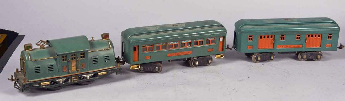 Lot Of 3 Standard Gauge Lionel Lines Train Cars: Pre - war. Including 339 Pullman, 12" x 3-1/2" x 4", 341 Observation Car, 12" x 3-1/2" x 4", & 10 Super Motor Engine, 9" x 4" x 5", All Green w/ Orange & Brass Details Condition (Very Good). Size 12" 