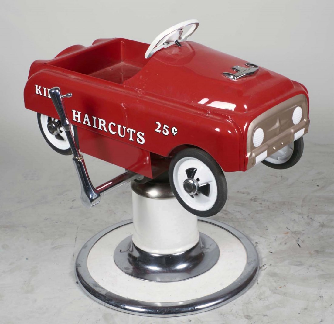 Child's Pedal Car Barber Chair: Restored red with white wall tires and faux rear spare, on chrome and white base, "Kids Haircuts 25 Cents" side decals. Condition (Very good). Size 24" x 36" x 34"