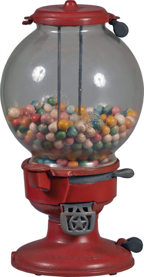 1 ¢ Columbus Model A Countertop Gum Ball Machine.: Circa 1915. Red cast aluminum base and lid. Glass globe embossed with Columbus logo, with barrel locks and key. Condition (Very Good). Size 16" x 7-1/2".