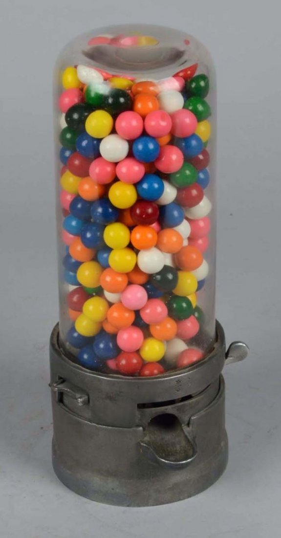 1 Cent Penny King Countertop Gumball Machine: Cylinder Shaped Globe, By Flatbush Gum Co. Brooklyn NY, w/ Product, 3 holes drilled in rear Condition Very Good Size 11" tall