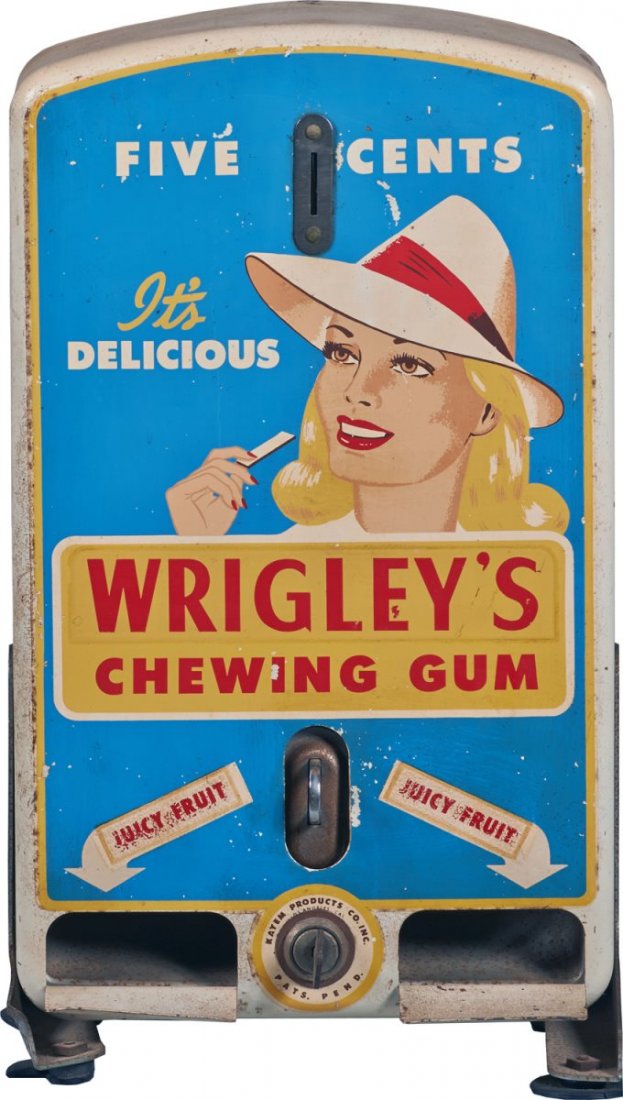5 ¢ Kayem Products Co. Inc. Vending Machine.: Countertop model vends Wrigley chewing gum. Includes Key. Circa 1947. Condition (Very Good). Size 14-1/2" x 8-1/2" x 5".