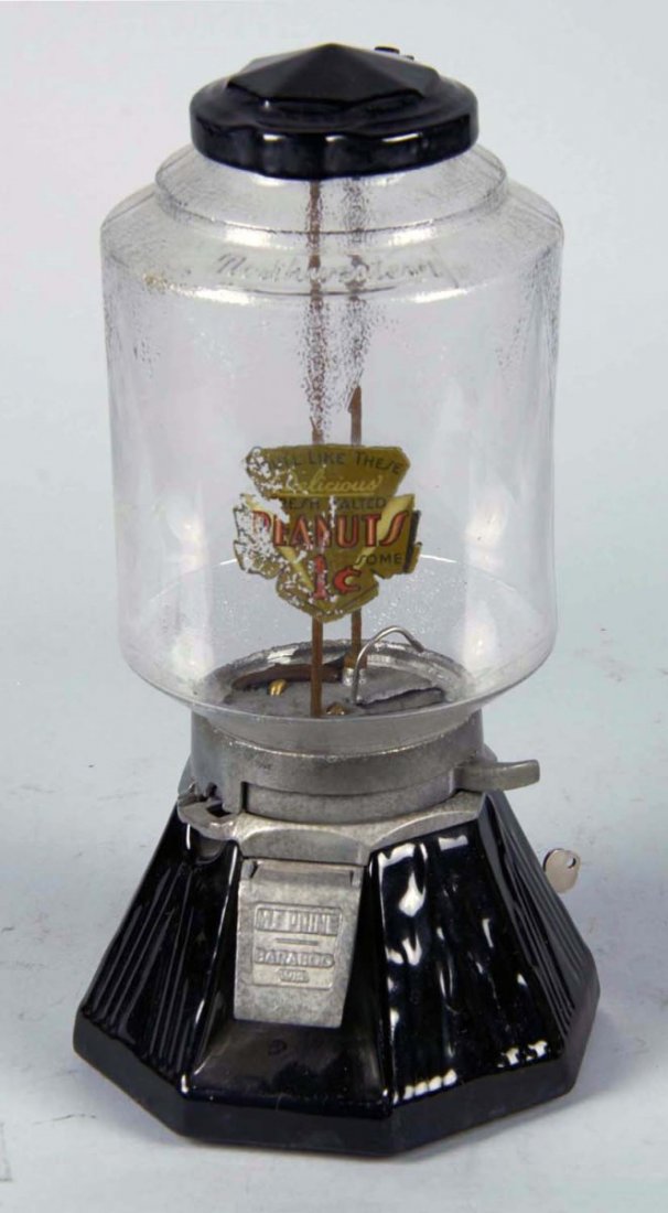 1 Cent Northwestern 33 Peanut Vender: With black enamel base. Vedning machine has original five-pound globe with stippled modern designs, and is embossed, "Northwestern." Globe also has decal reading "You'll love these delicious peanuts. 