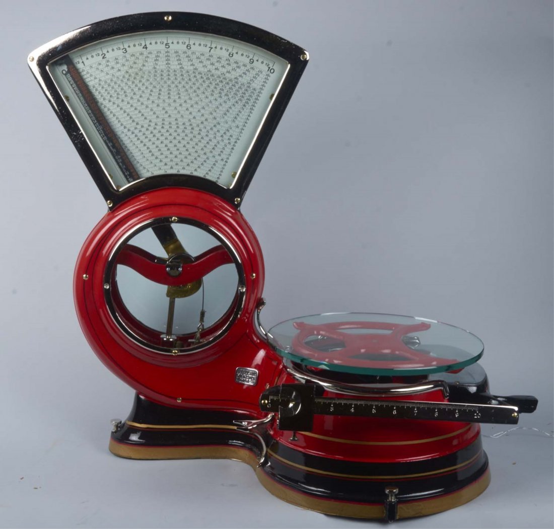 Stimpson No. 46 Large Fan Scale On Fat Base: w/ Round glass tray, Stimpson Computing Scale Co. Detroit, Michigan, Pat. 1890-1907, Serial no. 252257, 30 lb capacity, "Regulate Vibration Here" plate, Fresh restoration in red & black w/ all nickel