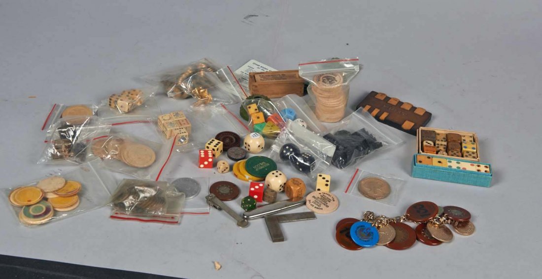 Lot of Misc. Gambling Items.: Lot including assorted dice including 12-sided, triangular, various colors, materials and sizes, card faces, miniature, miss spotted pair of gaff dice, bone dice, dice jigs (tools for drilling spots i