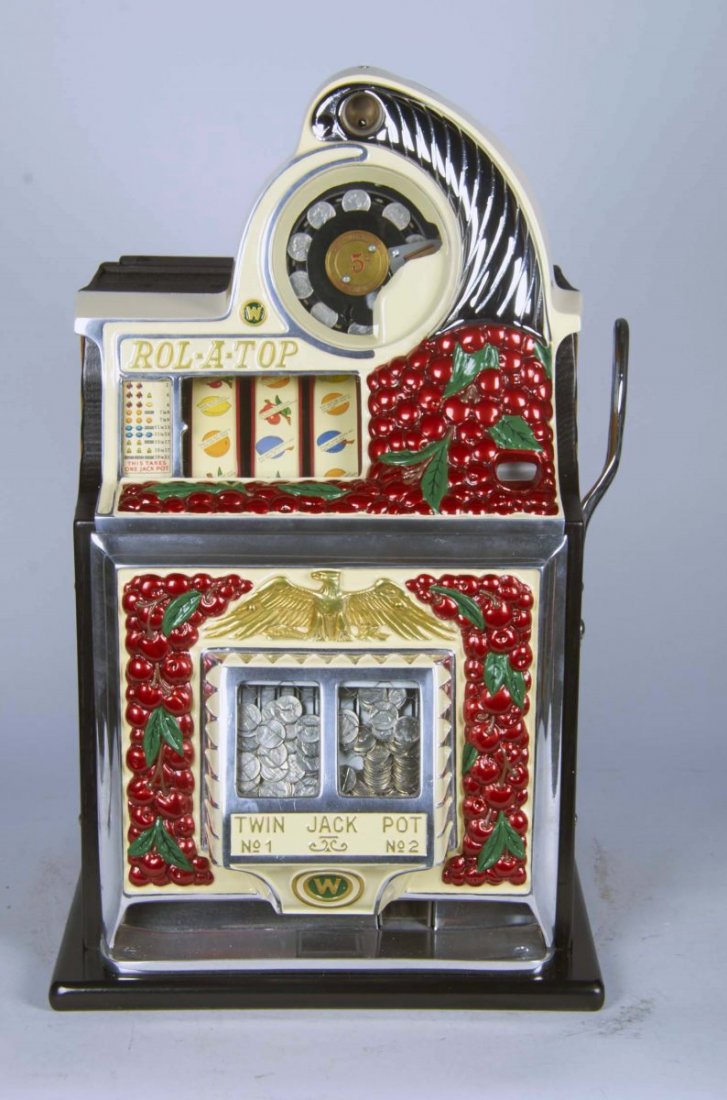 5 ¢ Watling Cherry Front Slot Machine.: 5 ¢ Watling Cherry Front improved Rol-A-Top twin jackpot escalator bell slot machine c1938. Features jackpot and fortune reels. Restored with new wood case & cash box. Includes Key. Works. Condition