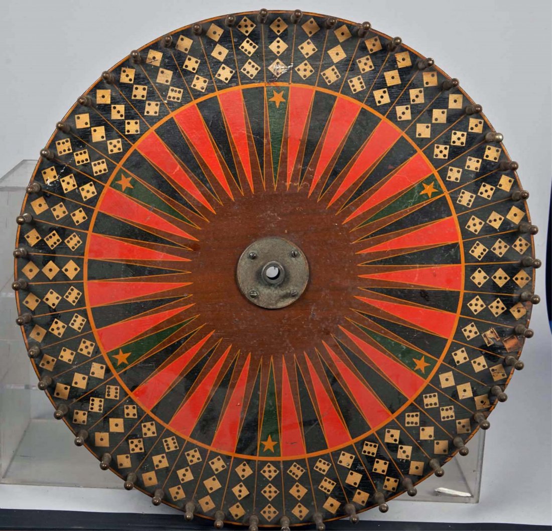 Wood Gambling Wheel with Dice Numbers: Condition (Good). Size 23-1/2" D.