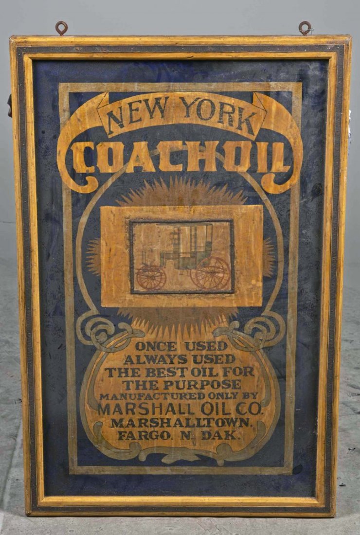 Wood Self Framed Coachoil New York Trade Sign.: Yellow and black painted sign reads "Once used - always used - the best oil for the purpose - manufactured only by Marshall Oil Co.", features buggy at center, quite dusty. Condition (Very Good). Size