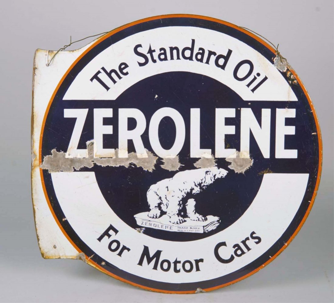Zerolene Oil Double-Sided Round Porcelain Sign: Reads "Zerolene, The Standard Oil for Motor Cars" featuring bear, circa 1926. Believed to be a former Flange sign with the flang portion removed. Condition (Fair). Size 24-1/4" d.