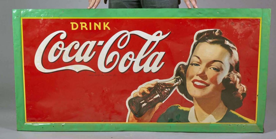 Large Drink Coca Cola 3/4 Self-Framed Tin Sign: Marked "A.A.W. - 5 - 2", American Art Works circa 1940s. Displays well. Border touched up and top trimmed. Condition (Fair). Size 28" x 56"
