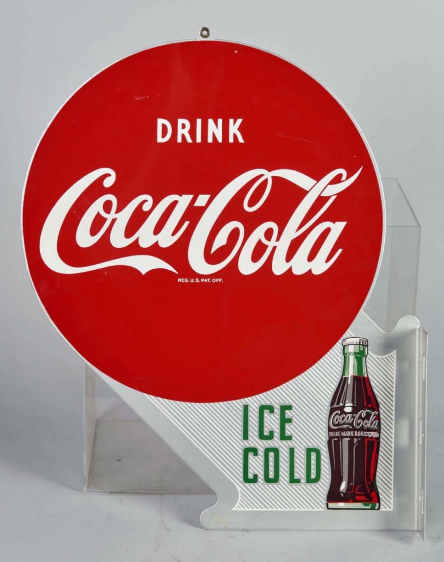 Drink Coca Cola Tin Flange Advertising Sign: Marked "A.M. 9-57" circa 1957. Condition (Near mint). Size 17" x 22"