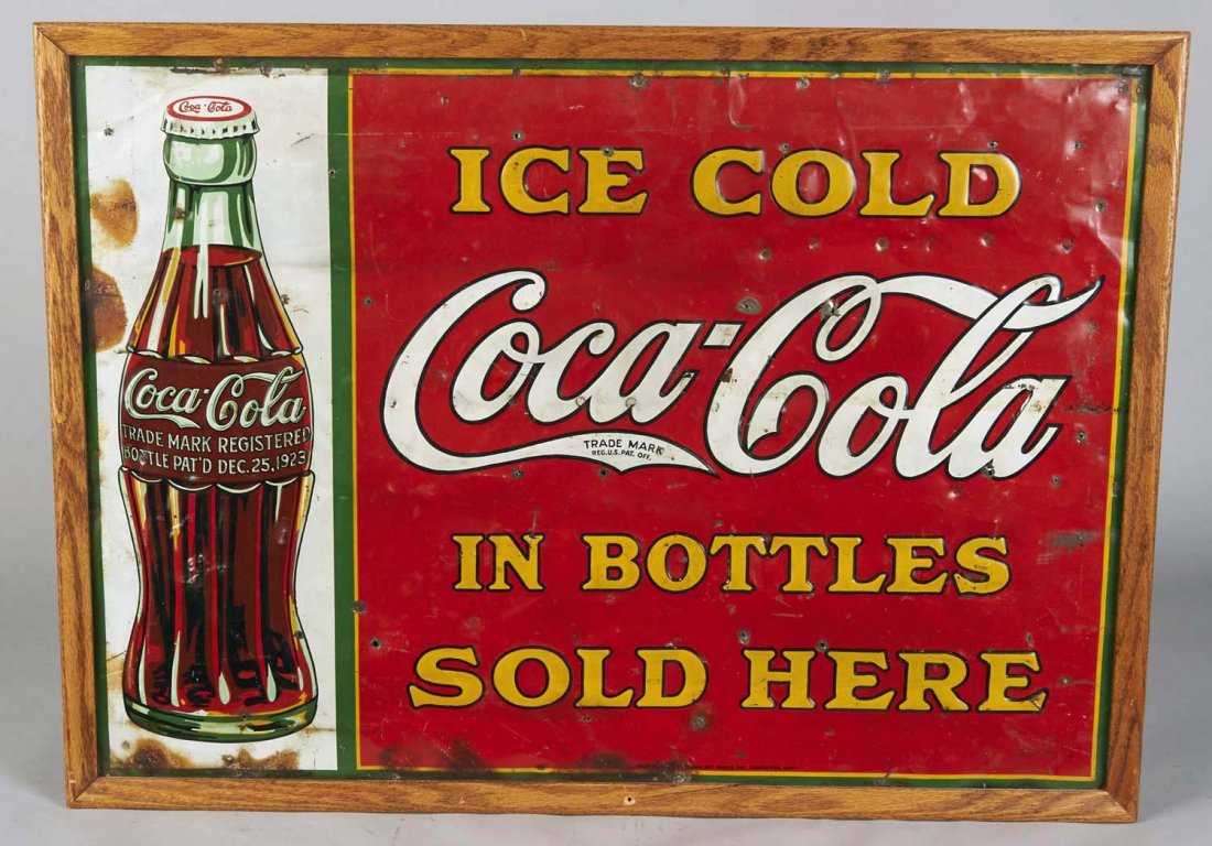 Coca Cola Embossed Tin Advertising Sign In Frame: Coca-Cola In Bottles" featuring 1923 Christmas Coke bottle by American Art Works of Ohio circa 1931. Condition (Fair). Size 29" x 21