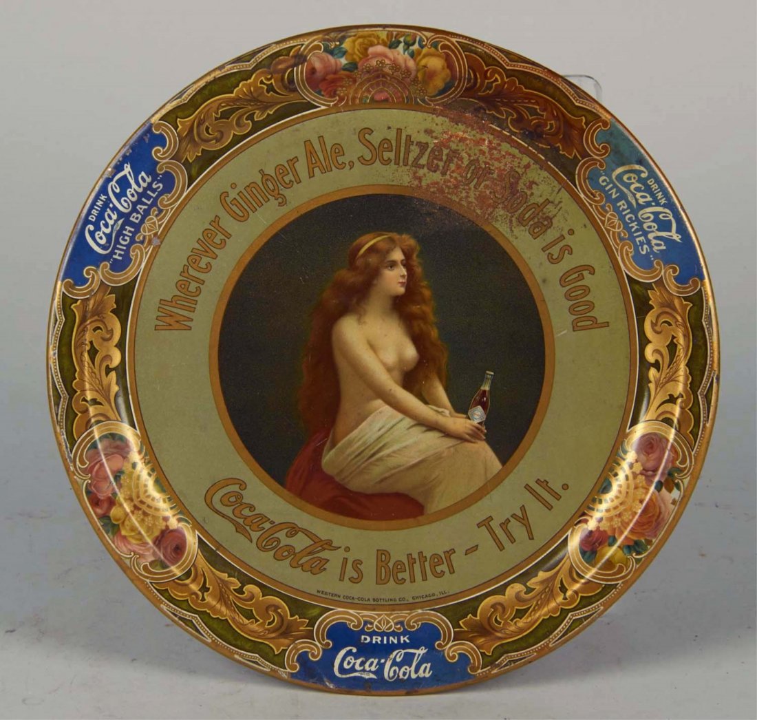Coca Cola Topless Tin Litho Advertising Tray: Round tray reads "Drink Coca Cola Highballs, Gin Rickies, Wherever Ginger Ale, Seltzer or Soda is Good, Coca Cola is better- try it", Marked; Western Coca-Cola Bottling Co. Chicago Ill.. Has surface r