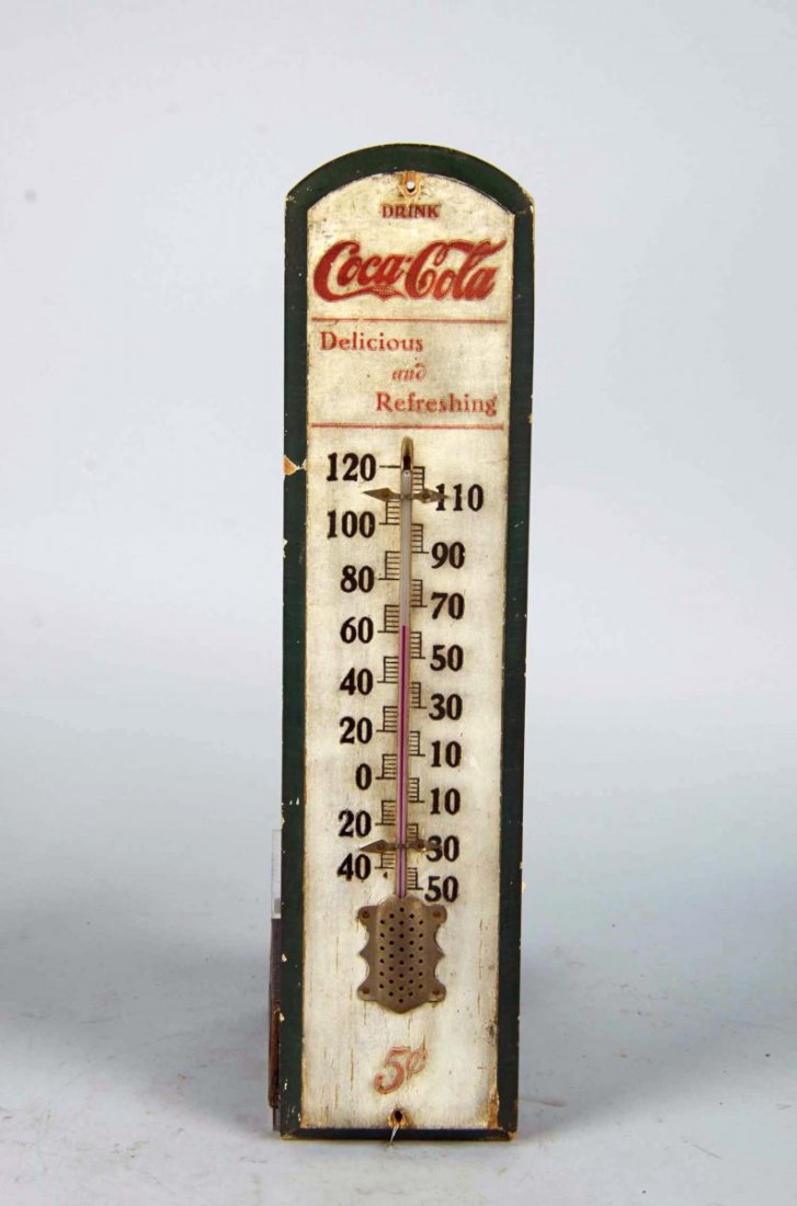 Early Wood Coca Cola Advertising Thermometer Sign: Delicious and Refreshing 5 Cents" wood backed advertising thermometer, with tube intact. Works. Circa 1915. Condition (Good). Size 5" x 21