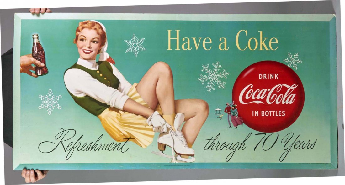 Long Coca Cola Cardboard Litho Advertising Sign: With "Refreshment through 70 Years" slogan printed by Edwards & Deutsch of Chicago, circa 1955. Condition (Very good). Size 27" x 56"
