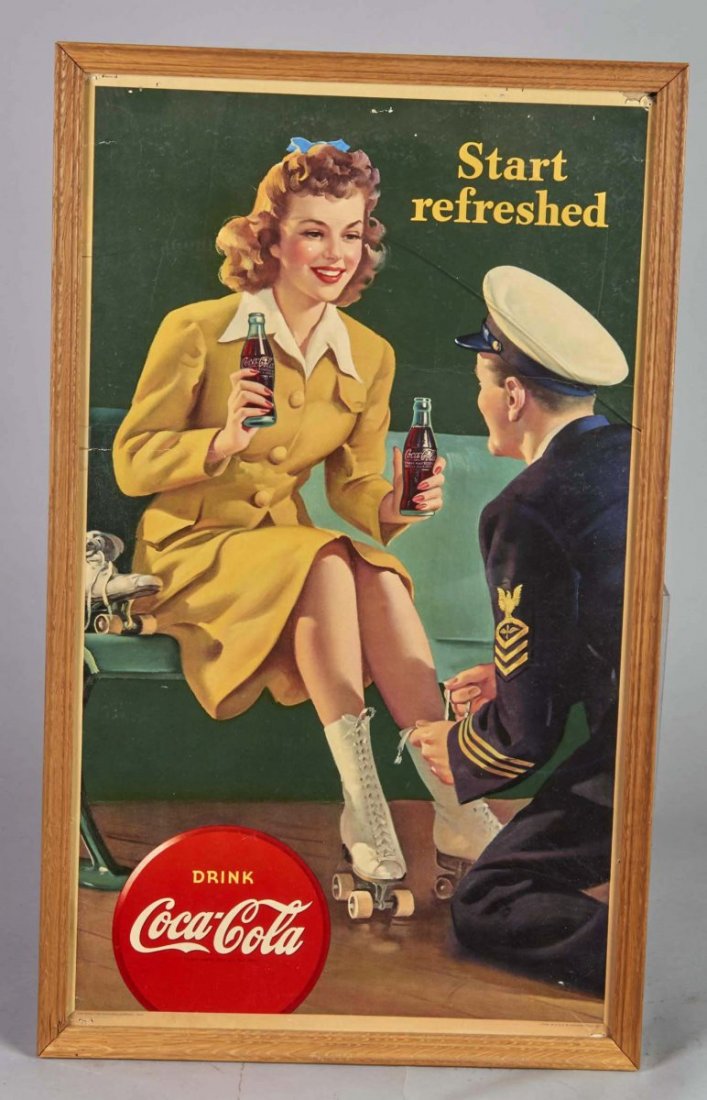 Coca Cola Litho Cardboard Advertising Sign: In frame circa 1943. "Start Refreshed" featuring WWII US Coast Guard officer and woman on a date roller skating. Some damage to edges. Condition (Good). Size 17" x 28"