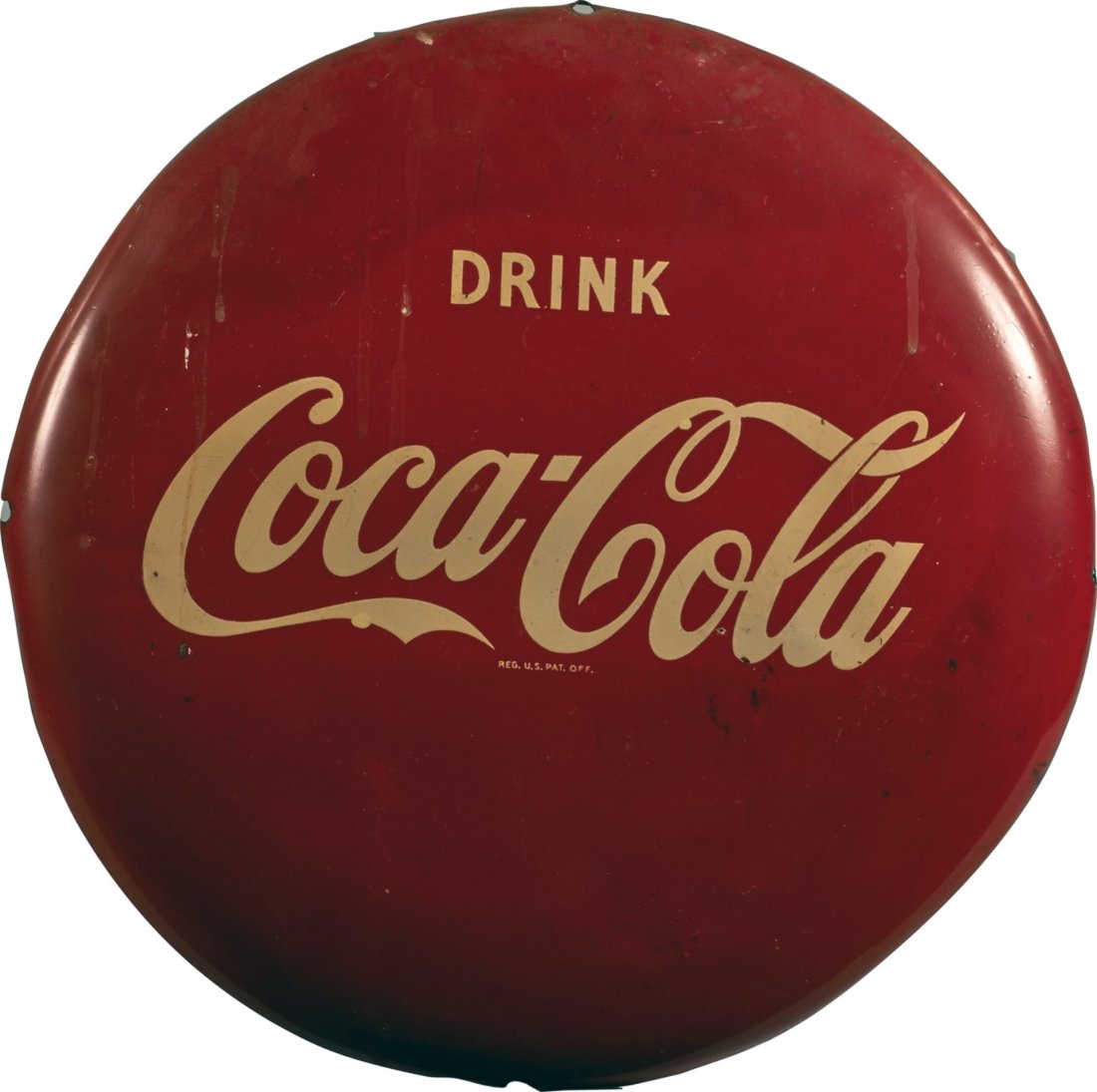 Coca Cola Round Metal Button Sign: Reads "Drink Coca-Cola", w/ some scratches Condition Good Size 16" d