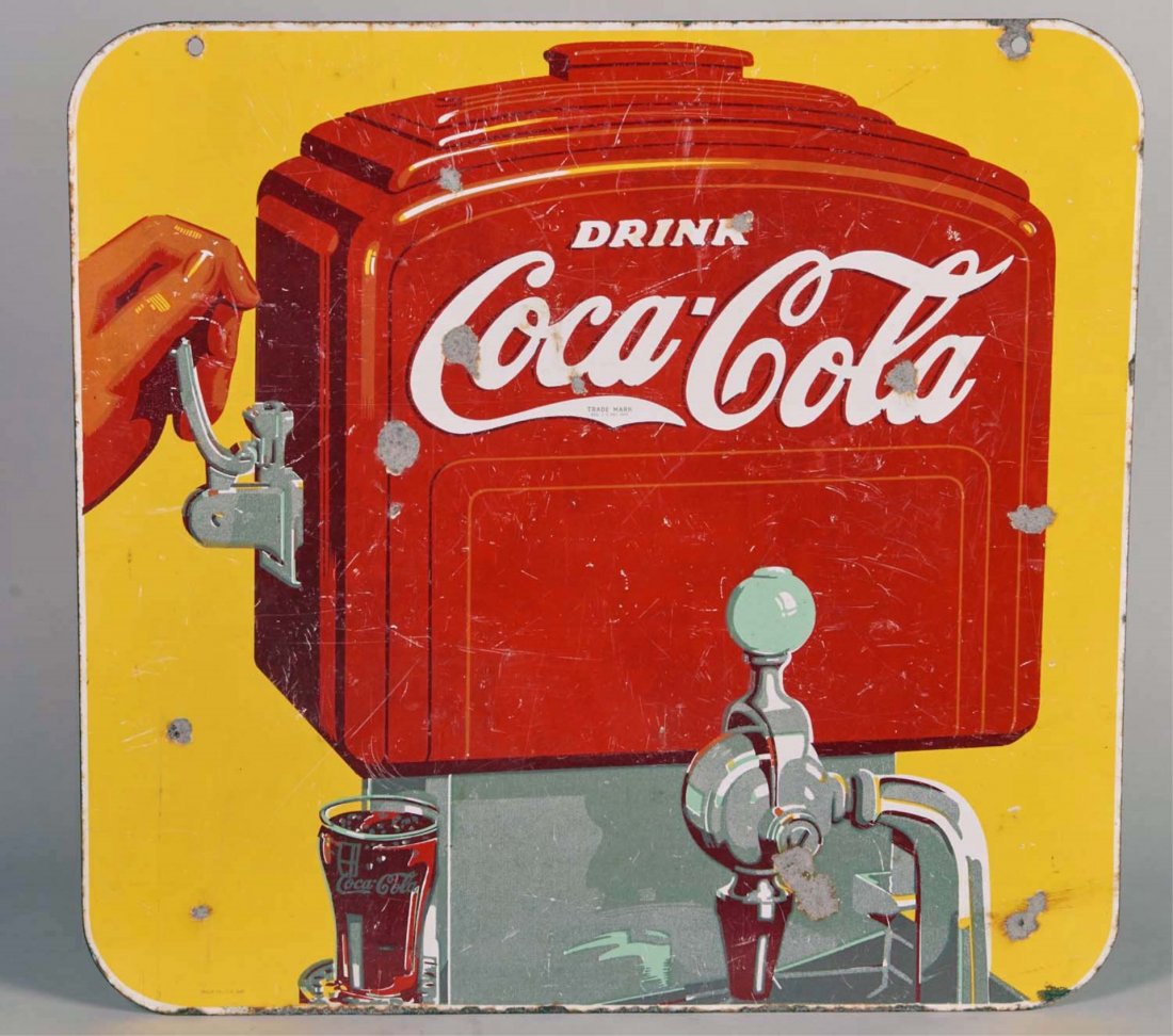 Drink Coca Cola Double-Sided Porcelain Sign: Featuring the Art Deco dispenser circa 1940. Condition (Good). Size 25" x 26"