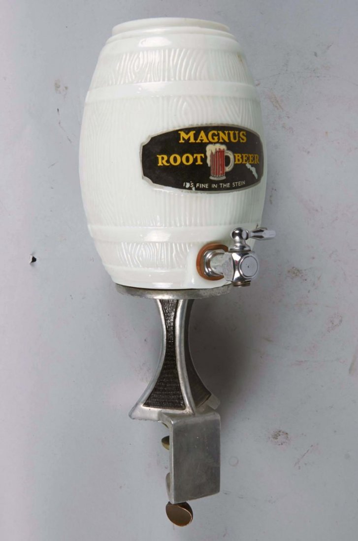 Milk Glass Magnus Root Beer Syrup Dispenser: Figural barrel dispenser reads "It's fine from the Stein!" Circa 1950s. Condition (Very good). Size 15" x 5"