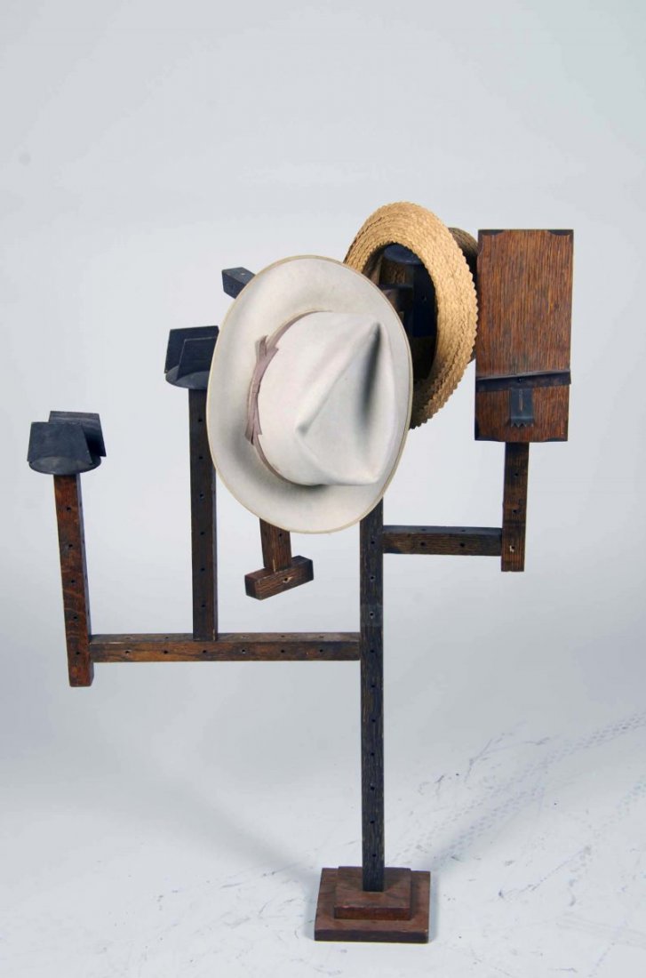 Lot Of 2: Hat & Shoe Racks For Store Display: Both with adjustable joints. Includes 4 hats circa 1930s. Condition (Excellent). Size Larger 25" x 12" x 52-3/8"