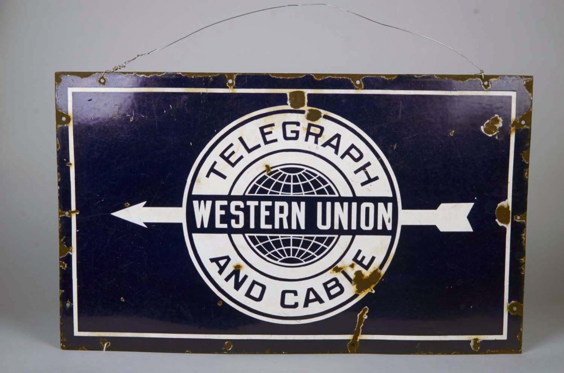 Big Western Union Telegraph and Cable Sign: Blue and white double sided advertising sign with arrow logo and some chipping, c. 1930's Condition Fair Size 18" x 30"