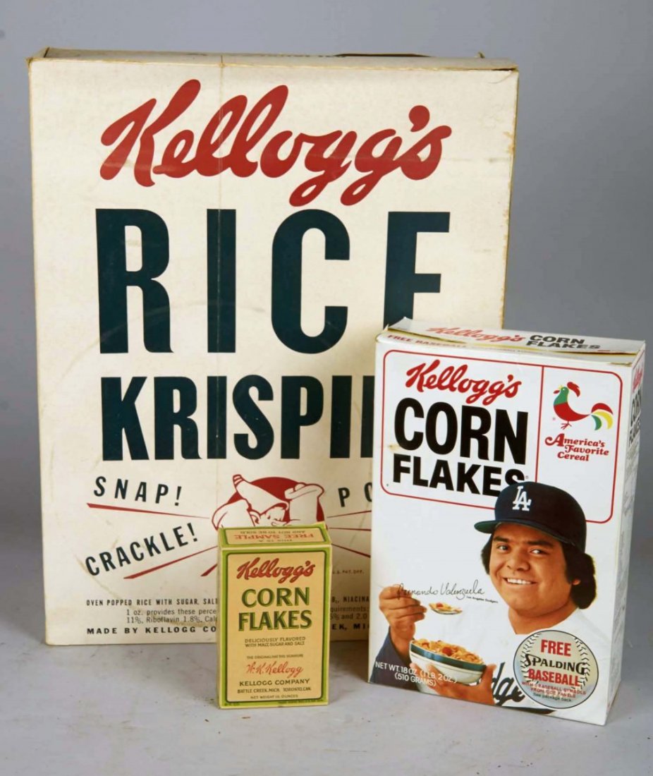 Lot of 3: Kellogg's Cereal Boxes.: Includes: an unopened original Corn Flakes 1.5 oz sample size, a Corn Flakes featuring Fernando Valenzuela of Los Angeles Dodgers, dated March 21, 1984 and a large Corn Flakes & Rice Krispies box. Con