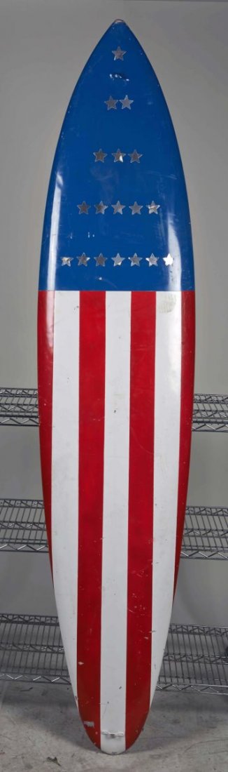 American Flag Star & Stripe Surfboard: Has 17 silver star stickers on blue background with 4 red and 3 white stripes. Condition (Good). Size Approx. 87" x 20"